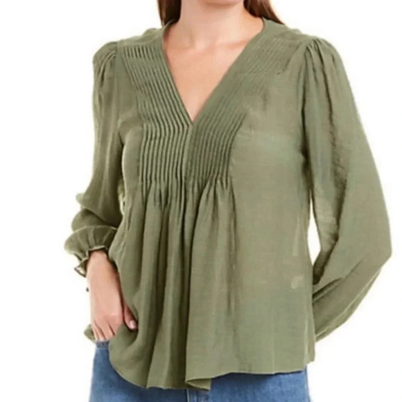 Nanette Lepore Women’s Green Smocked Pleated Long Sleeve Boho Blouse Small EUC - Picture 1 of 8